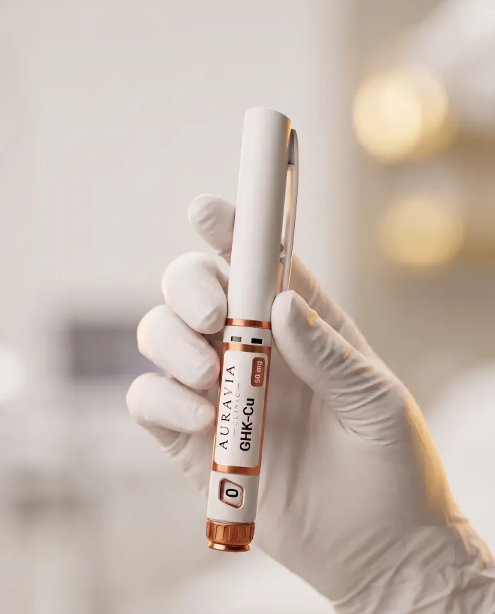 GHK-Cu Pen firmy AuraVia Research, fabrycznie napełniony pen z peptydem miedziowym 50 mg z pokrętłem ze skalą