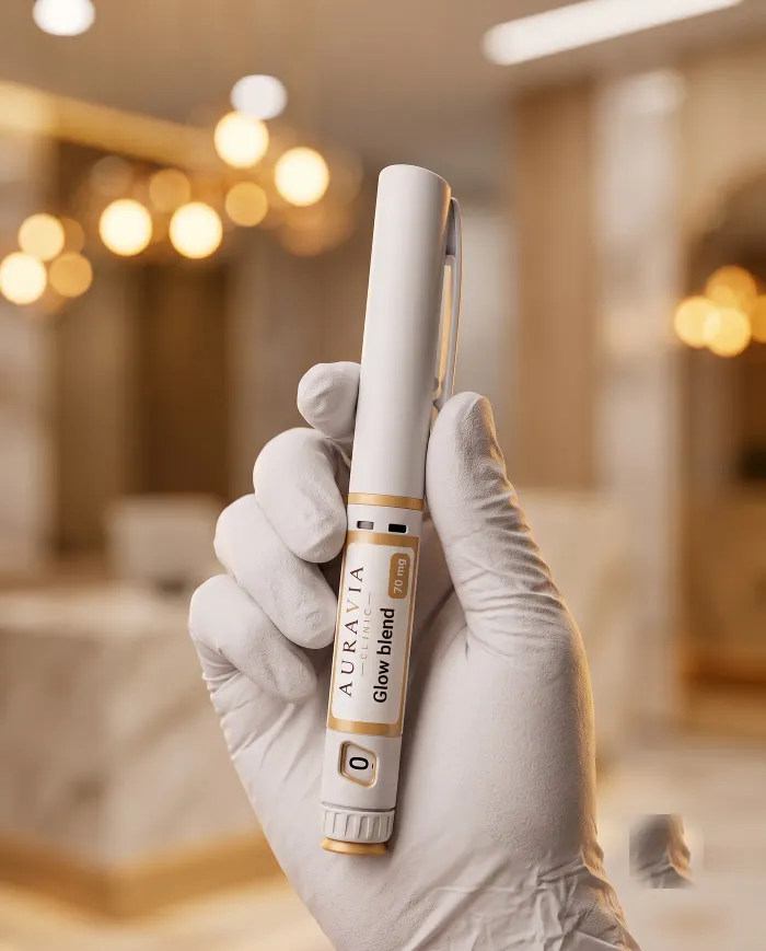 Glow Pen firmy AuraVia Research, napełniony pen z mieszanką BPC-157, TB-500 i GHK-Cu